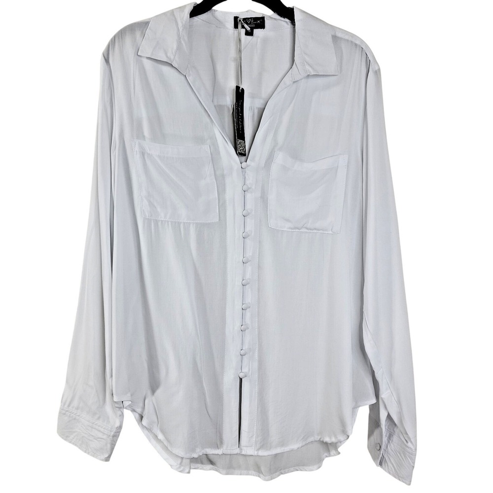 Derek Heart Women's White Button Up Blouse M NWT Flowy Silky Tie Front Top